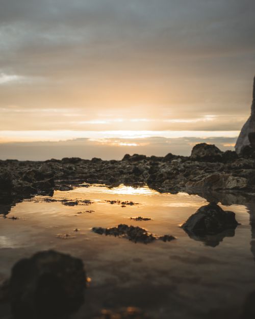 Free Picturesque view of wet shore with stones located in seaside against cloudless sky at sundown time in nature in evening Stock Photo