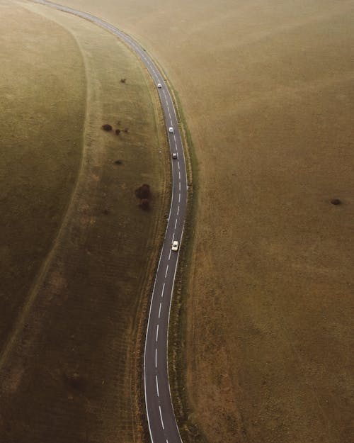 Aerial view of straight paved roadway with marking lines running between meadow covered with grass in countryside in nature outside