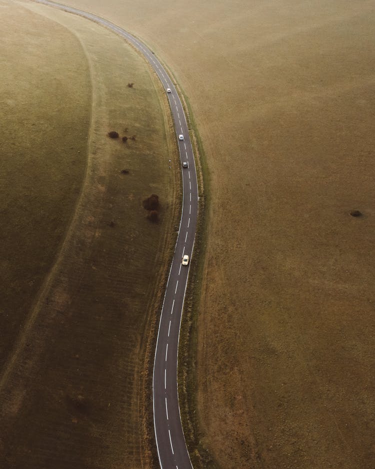 Asphalt Highway Between Grassy Fields