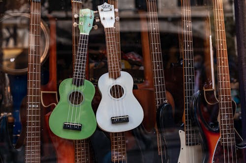 Free Guitars and Ukuleles on a Music Store Window Display  Stock Photo