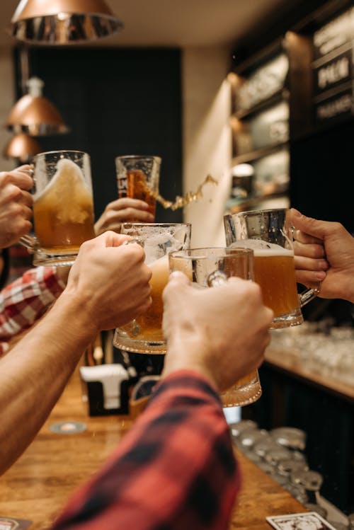 Fiends Clicking Glasses of Beer in Bar