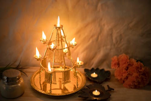 Lighted Candles on a Golden Candle Holder