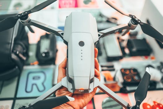 Detailed view of a hand holding a modern drone with blurred background equipment.