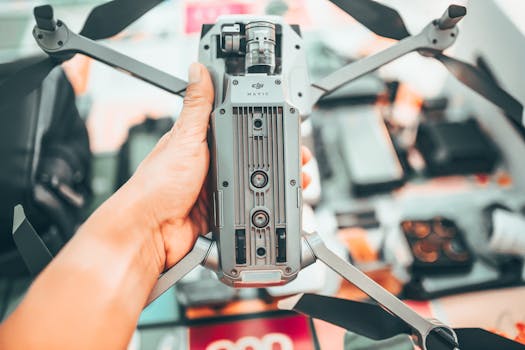 Close-up view of a hand holding a drone against a blurred background with additional equipment.