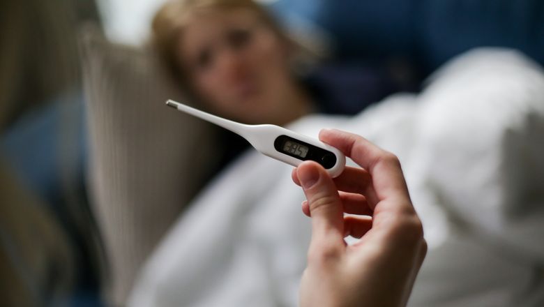 Hand holding a thermometer