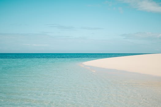 Pristine white sandy beach with clear turquoise ocean in Zanzibar, Tanzania, under a bright summer sky.