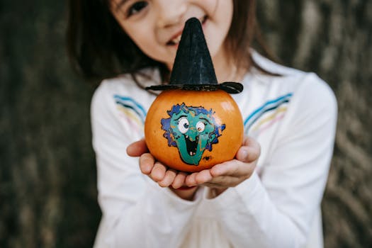 Crop little girl in white dress showing colorful pumpkin painted for Halloween and decorated with paper hat