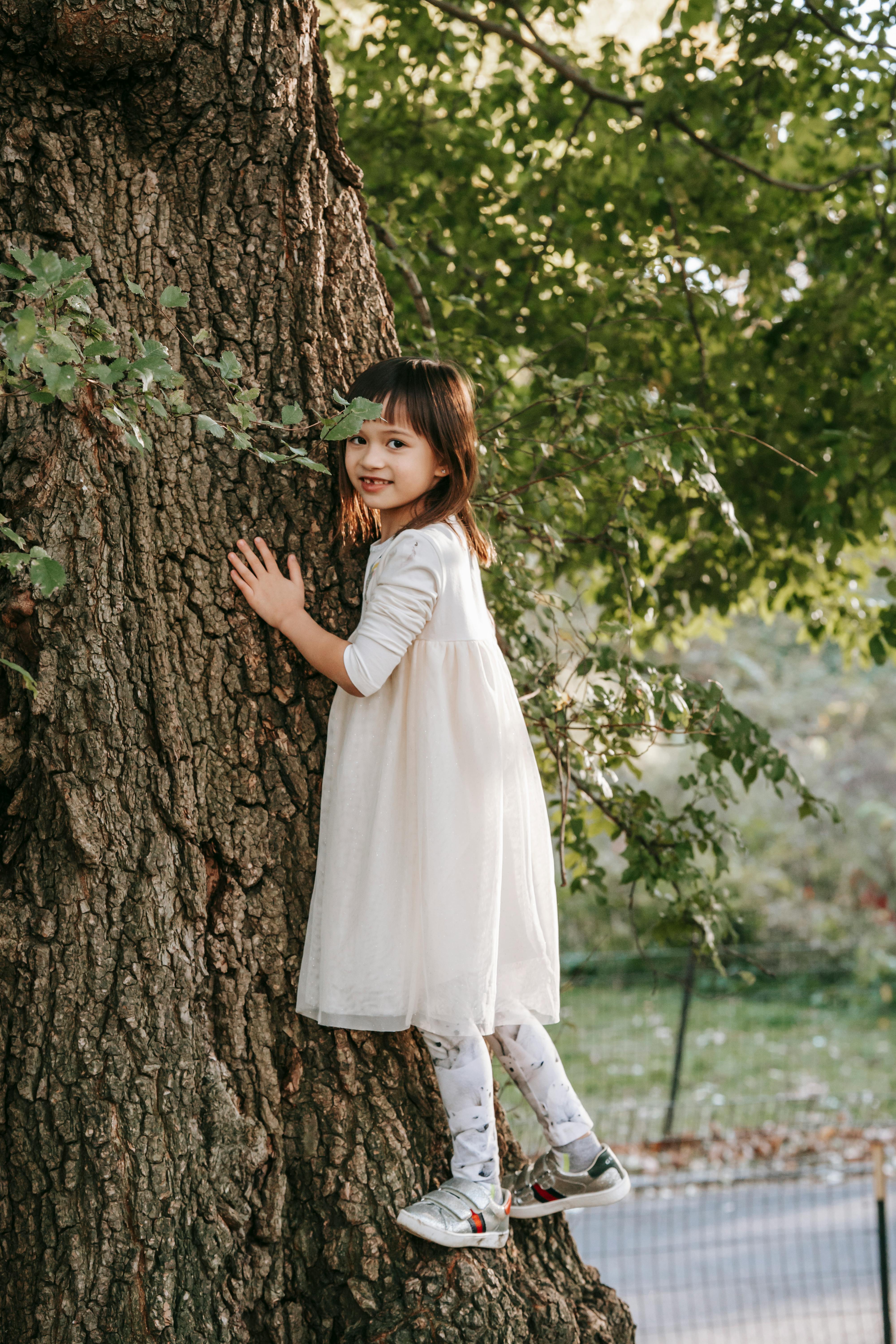 positive girl in dress climbing on tree
