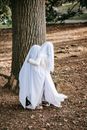 在秋天的树林里，两个孩子打扮成幽灵，拥抱着一棵树