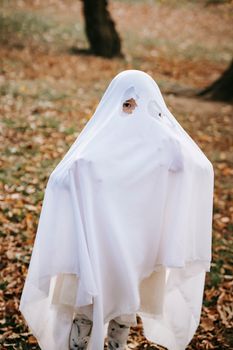 在秋季公园的万圣节，穿着白色服装的幽灵幽灵很有趣