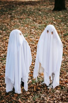 在秋季公园里，顽皮的孩子们穿着鬼魂服装欢度万圣节