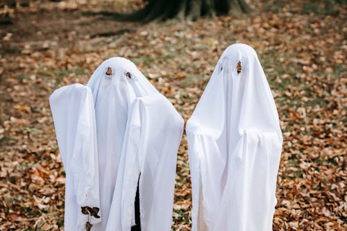 Anonymous kids in scary ghost costumes standing on fallen leaves in autumn park