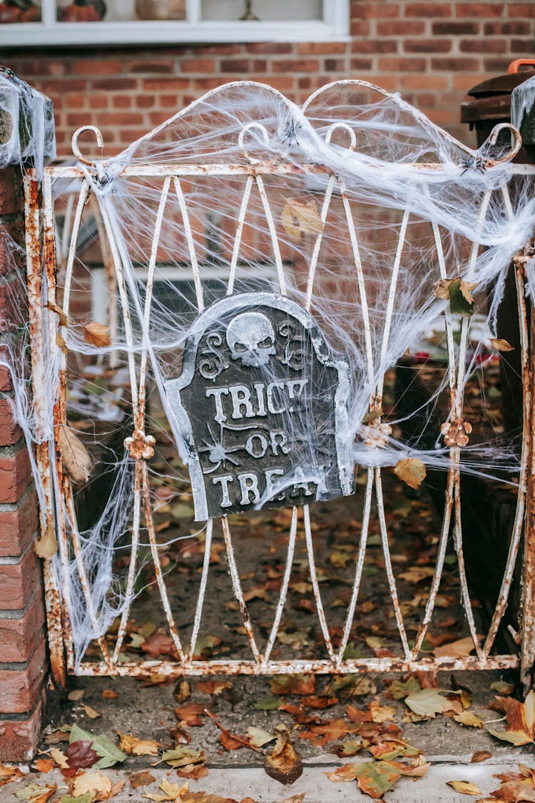 Metal Fence Decorated With Web For Halloween