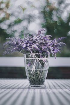 玻璃花瓶中的薰衣草花特写精美，背景是模糊的户外景色