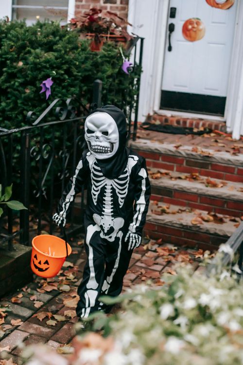 Free Full length of unrecognizable child in skeleton costume with mask and bucket trick or treating in Halloween Stock Photo