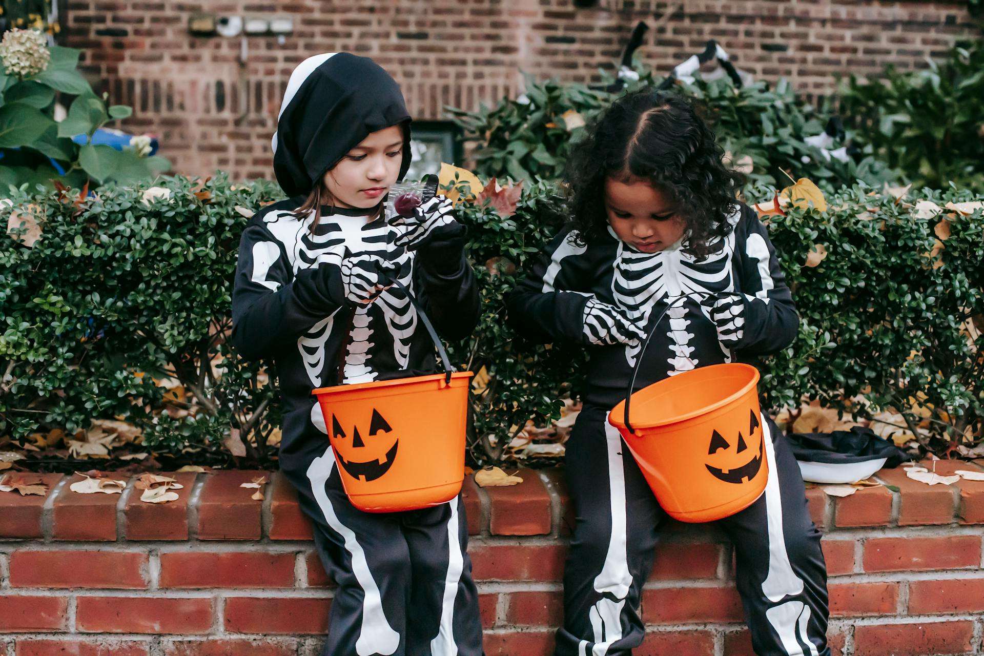 Black girl and blond girl sitting on brick fence of garden in skeleton costumes and checking orange candy buckets