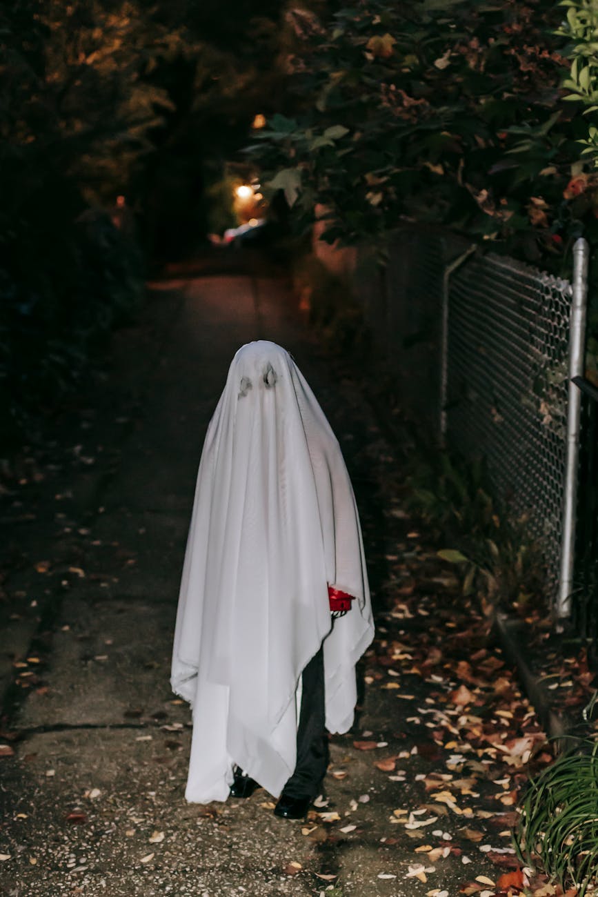 Child dressed like Halloween ghost standing in dark street · Free Stock ...