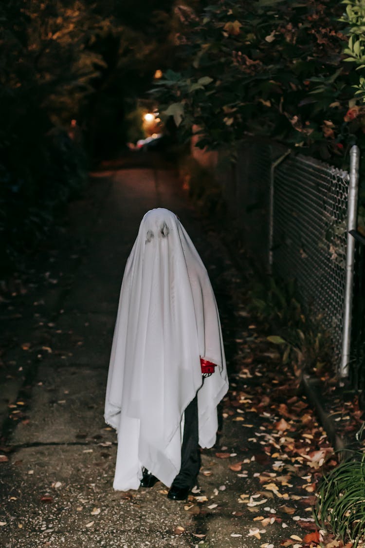 Child Dressed Like Halloween Ghost Standing In Dark Street