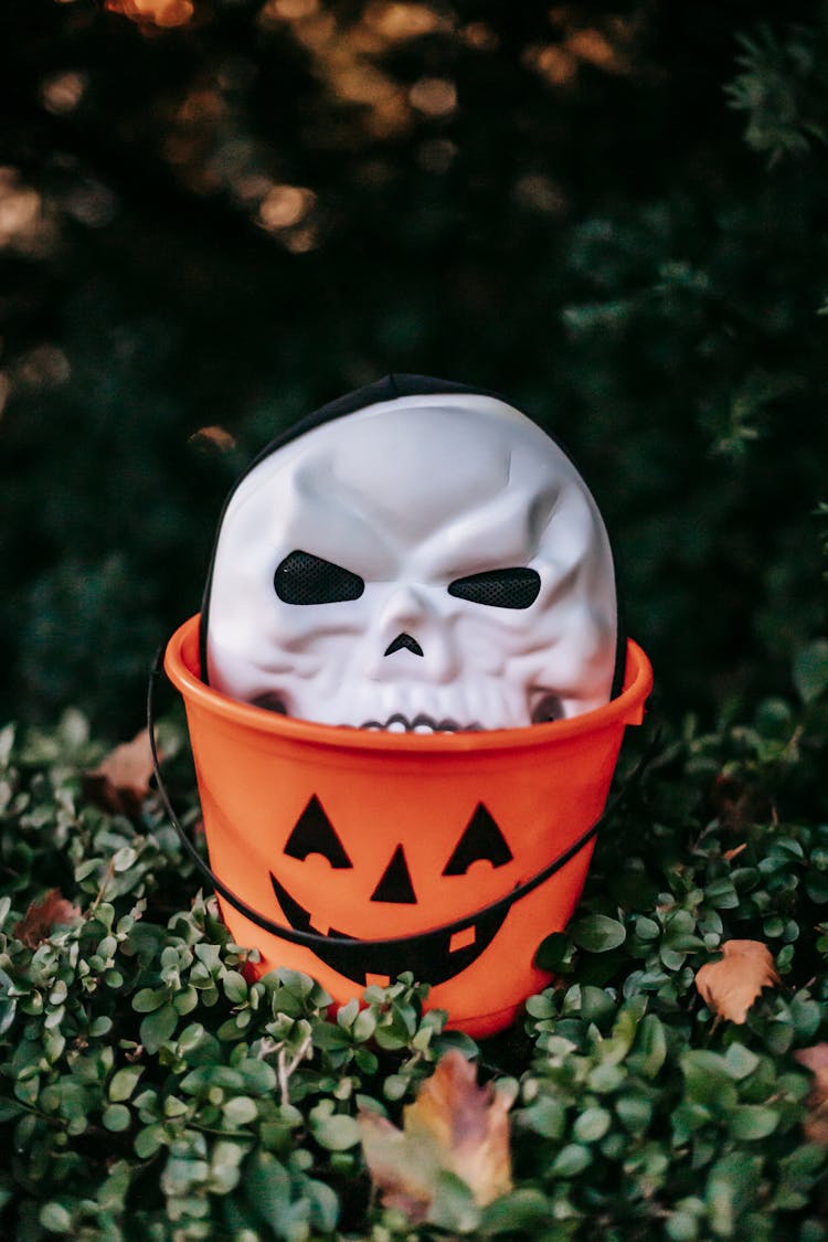 Scary White Mask In Orange Plastic Halloween Bucket Placed On Greenery