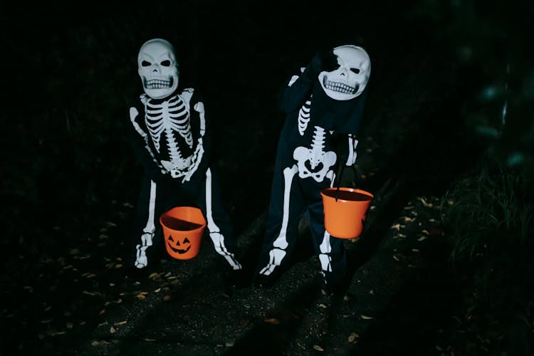 Children In Halloween Costumes In Forest