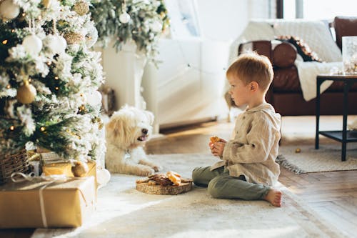Child and Pet Dog Sitting Beside Christmas Tree