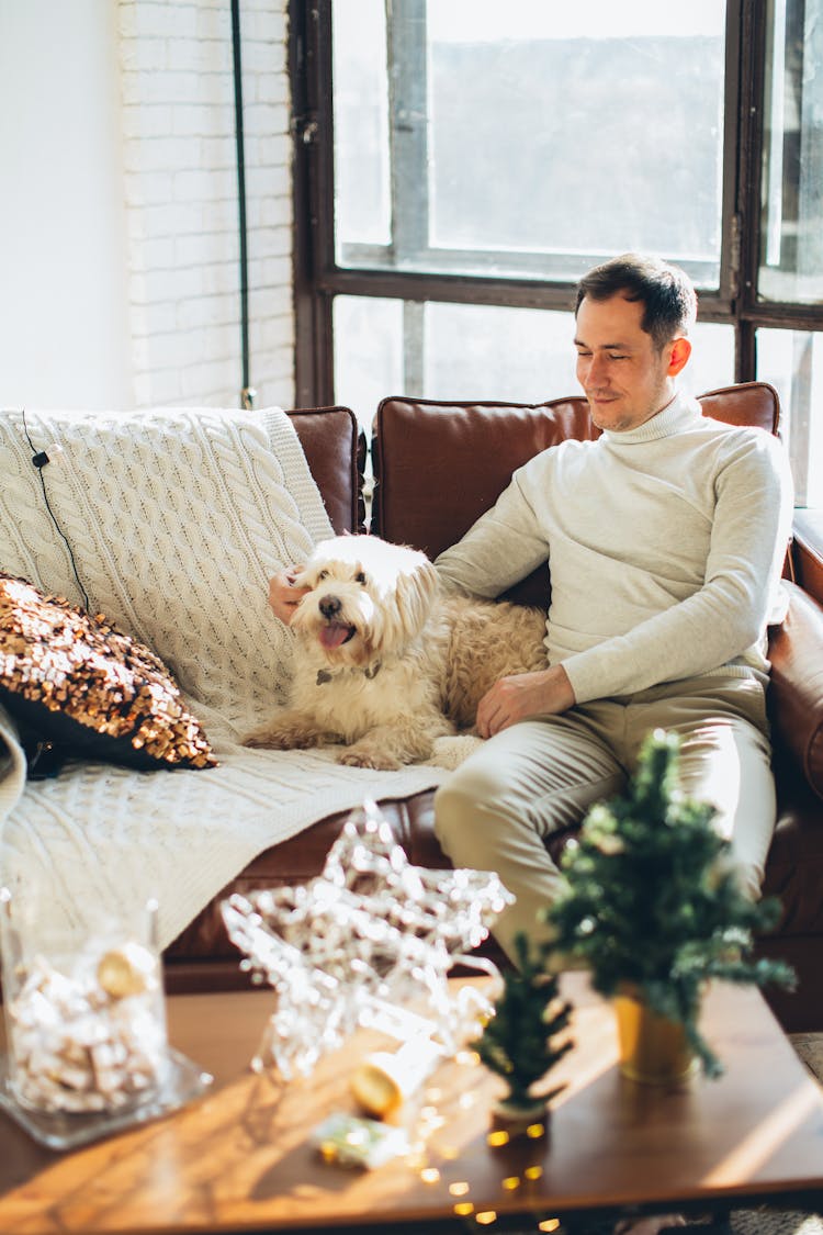 Man Sitting On The Sofa With A Dog