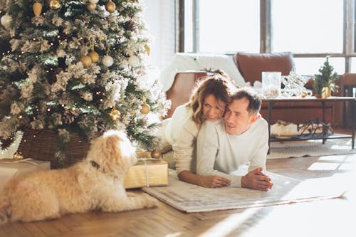 Couple Looking at Their Pet Dog