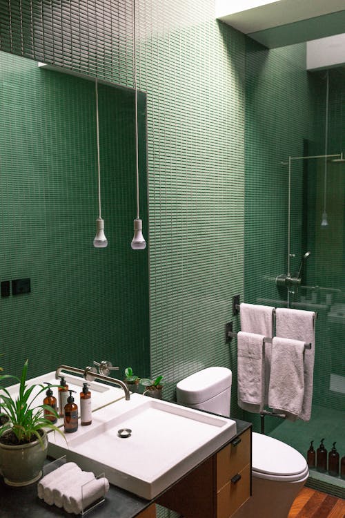 Bathroom with Tiled Walls and a Potted Plant
