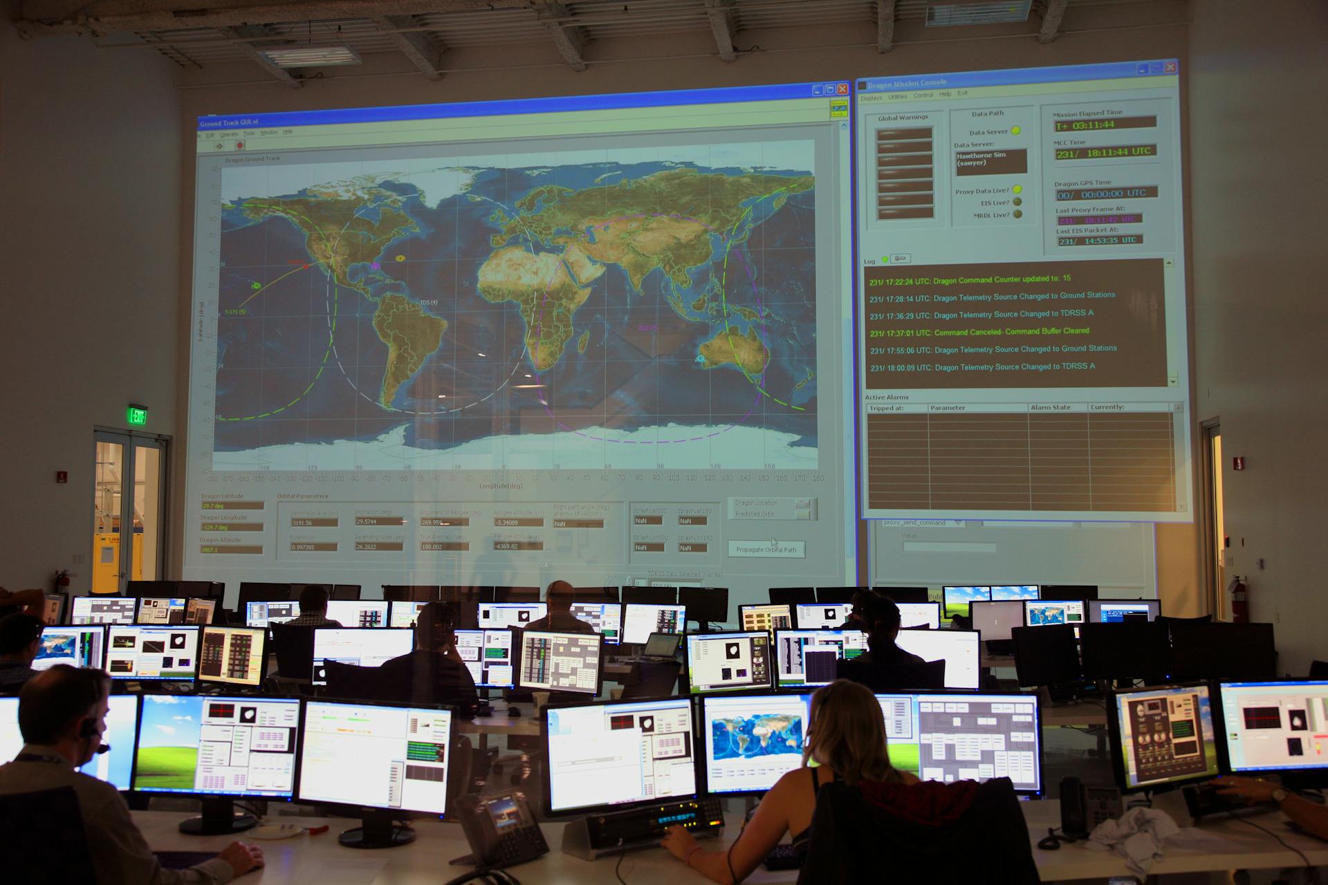 Back view of unrecognizable employees working on computers in flight control room with big interactive map on wall and analyzing data