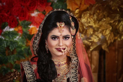 Woman in Traditional Wedding Dress with Accessories