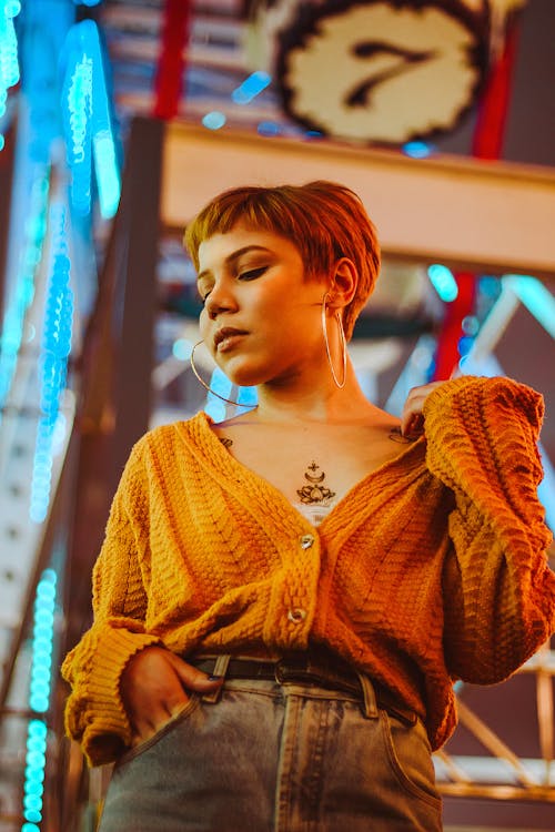 Low-Angle Shot of a Woman in Brown Knitted Cardigan