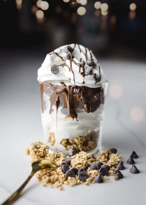 Close-Up Shot of a Glass of Chocolate Yogurt