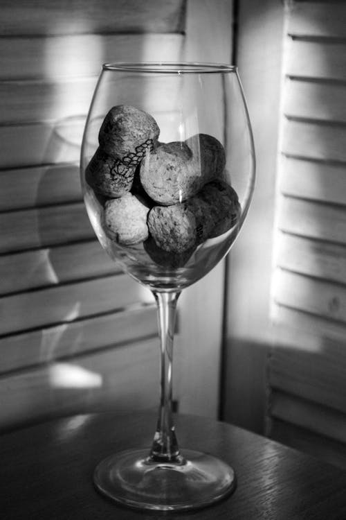 Grayscale Photo of Stones in a Wine Glass