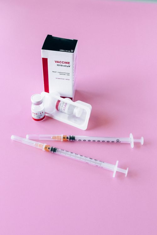 Free COVID-19 vaccine vials and syringes on a pink background, symbolizing hope and medical advancement. Stock Photo