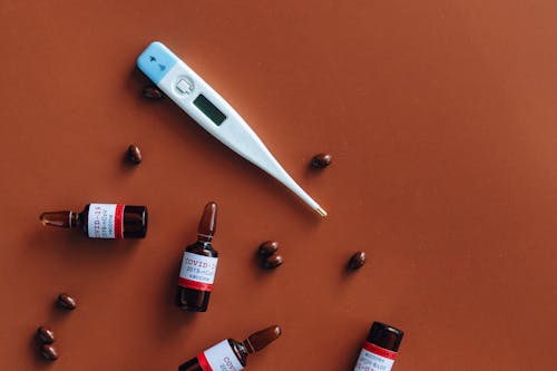 Free Vials, Tablets and Thermometer Stock Photo