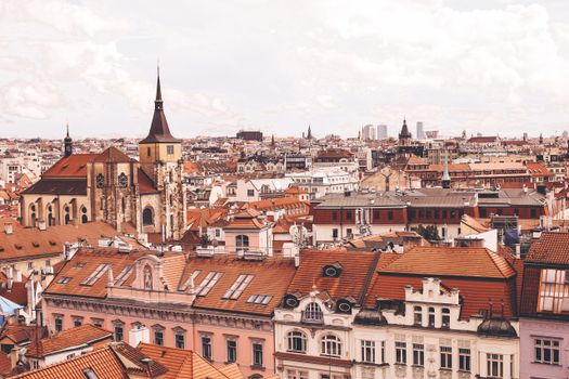 Aerial view of Prague showcasing its historic architecture and iconic rooftops.