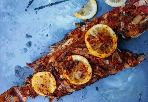 Free Deliciously grilled fish topped with lemon slices on a textured blue surface. Stock Photo