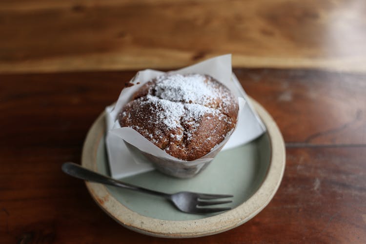 Brown Table And Muffin on Teal Plate