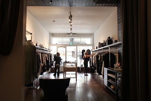 Customers browsing clothing in a stylish boutique store with elegant interior design.
