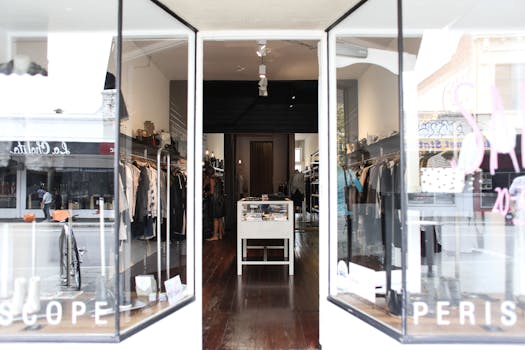 Elegant boutique showcasing clothing and accessories in a chic, modern setting.