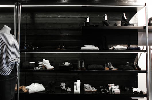 Chic boutique shelf display showcasing modern fashion items, including clothing and shoes.