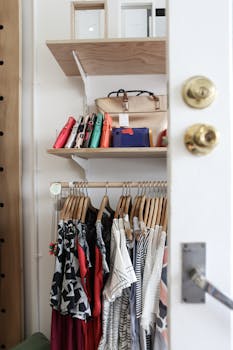 A neat and well-organized modern closet featuring hanging clothes and stylish handbags.