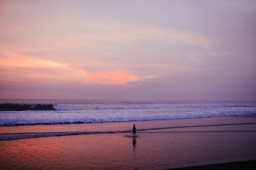 Silhouette of Person Standing on Beach During Sunset