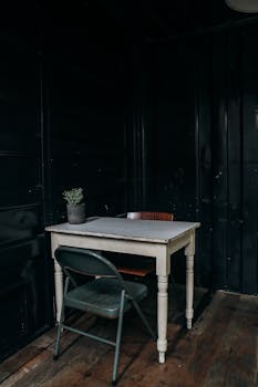 A minimalist setup featuring a table and folding chair with a potted plant on a wooden floor.