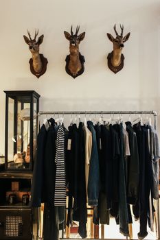 这家时尚服装店的内部装饰有鹿头，并陈列着现代服装
