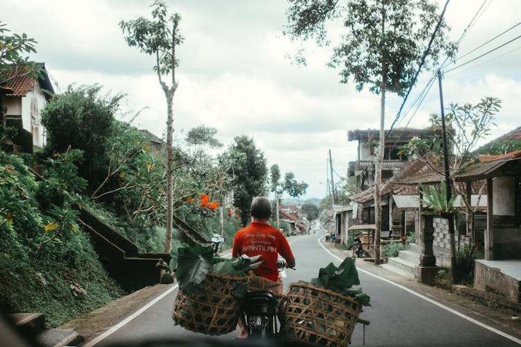 Man Riding Bicycle With Baskets On Back On Road