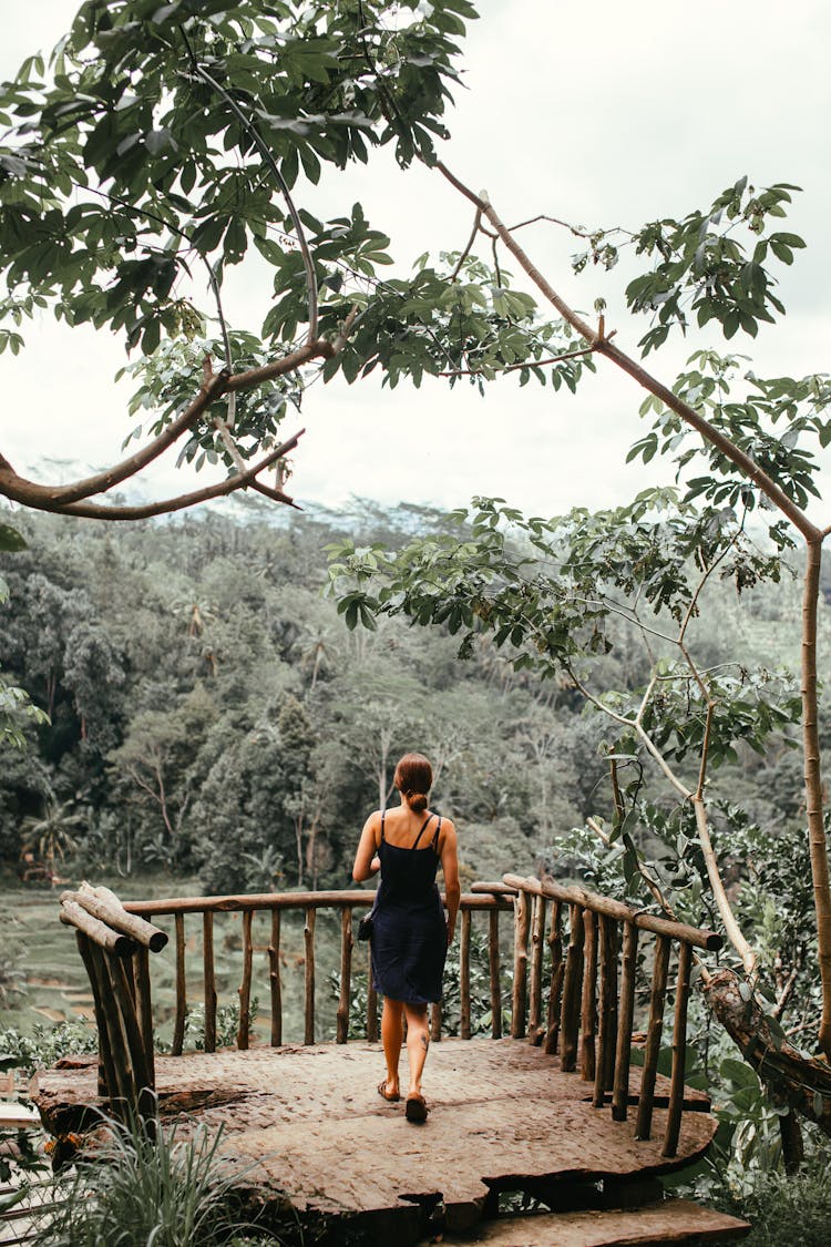 Woman In Black Dress Walking On Brown Wooden Viewing Deck