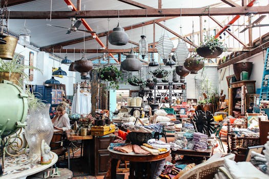 Explore a vibrant indoor market featuring eclectic decorations, textiles, and plants in a cozy atmosphere.