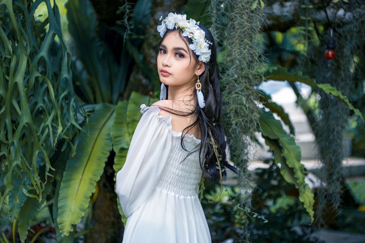 Beautiful Asian Girl In White Dress And Flower Crown