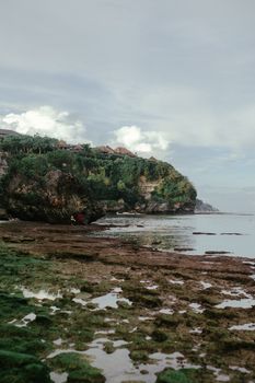 宁静的海岸景观以岩石悬崖、郁郁葱葱的绿化和平静的海水为特色